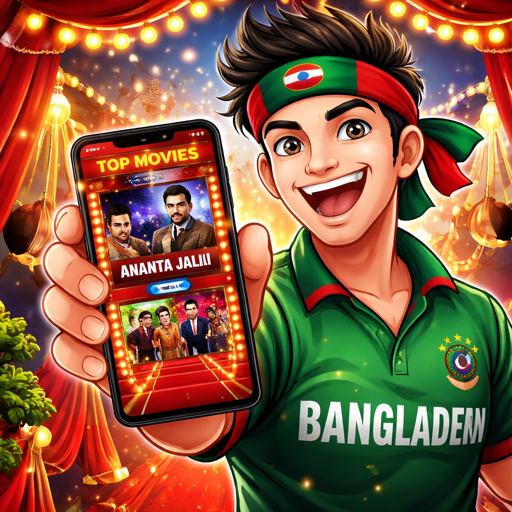 Cartoon fan holding a smartphone with Ananta Jalil app updates in Bangladesh