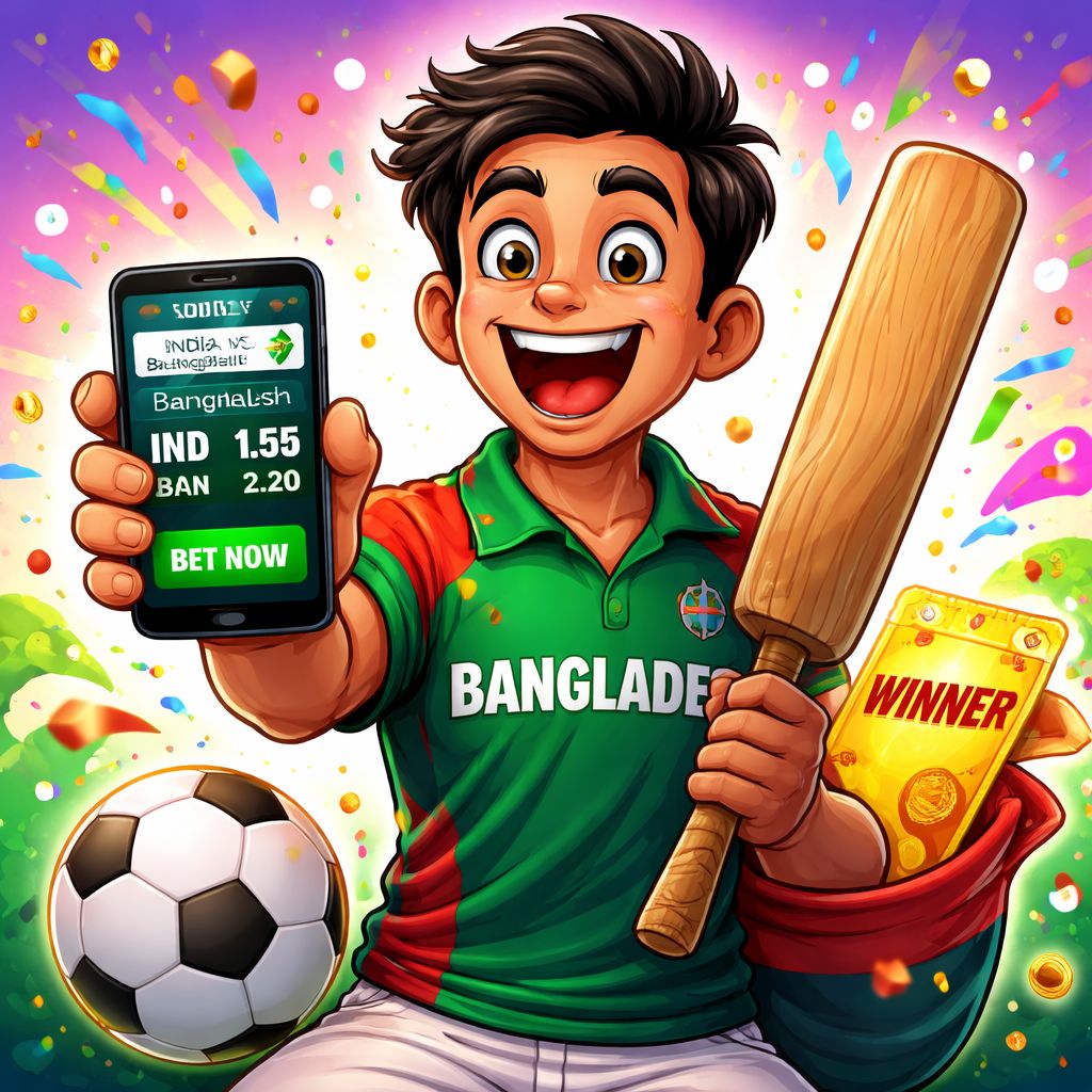 Ananta Jalil Bet cartoon sports fan with phone and winning ticket