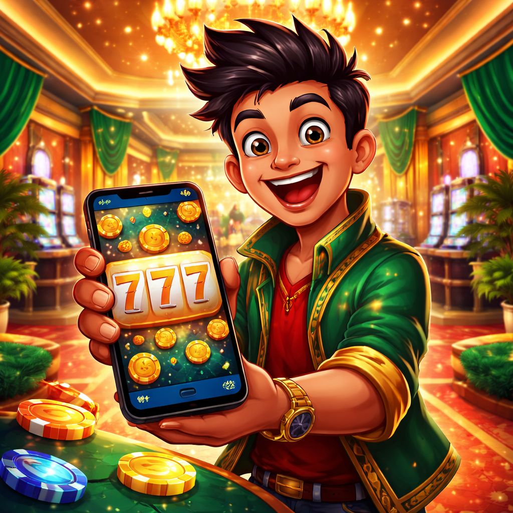 Ananta Jalil Casino cartoon character with casino chips, phone, and glowing slot reels