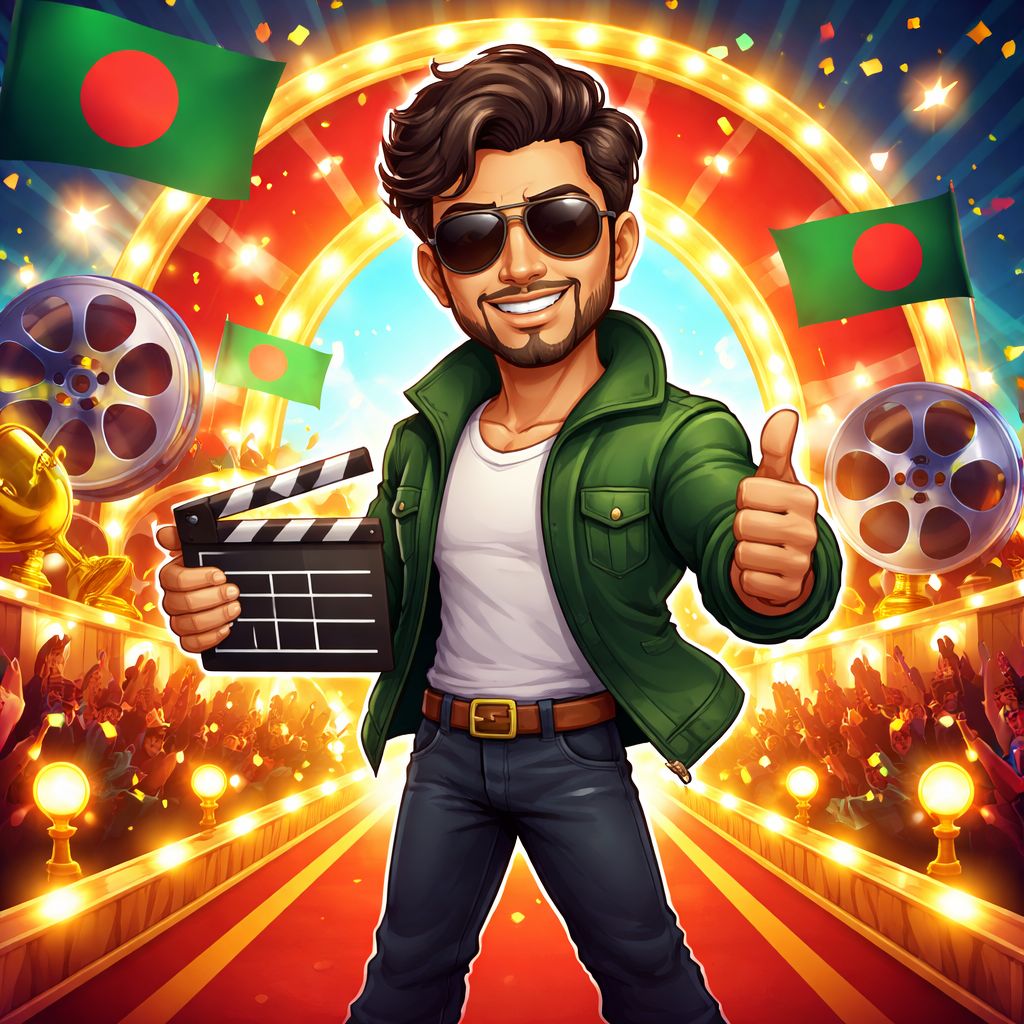 Cartoon style Ananta Jalil inspired hero character with cinema lights and Bangladesh fan energy