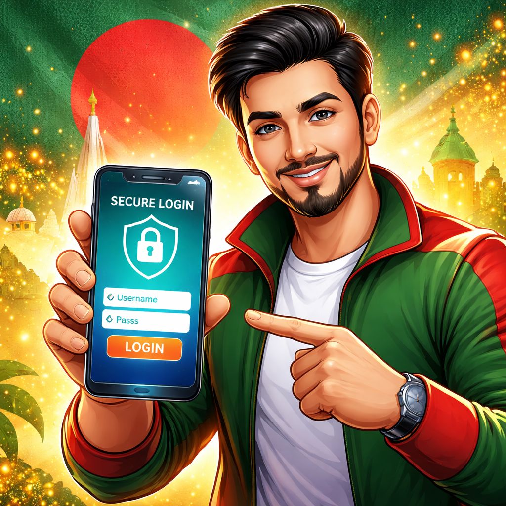 Cartoon character holding a smartphone with a secure Ananta Jalil login screen
