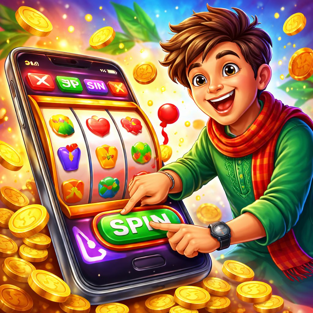 Cartoon slot player celebrating a win with coins and colorful reels